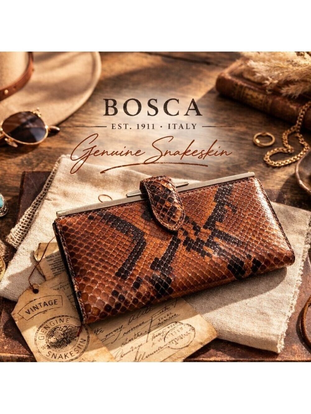 Vintage Bosca Genuine Snakeskin Wallet Brown Exotic Leather Frame Clutch